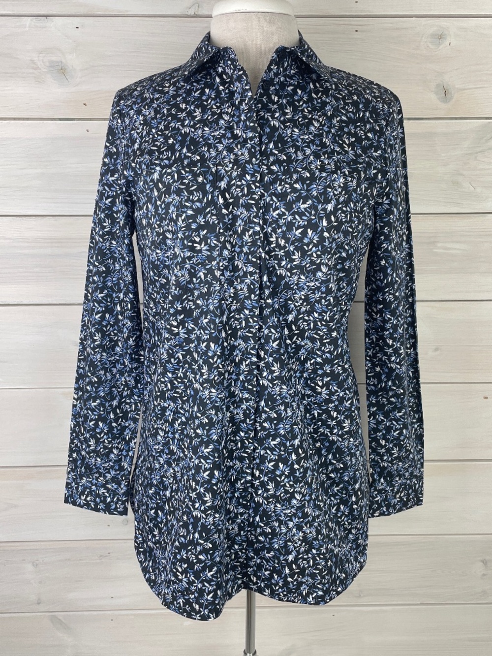 Lafayette 148 Blue Ink Floral Long Sleeve Button-up Blouse - NWT